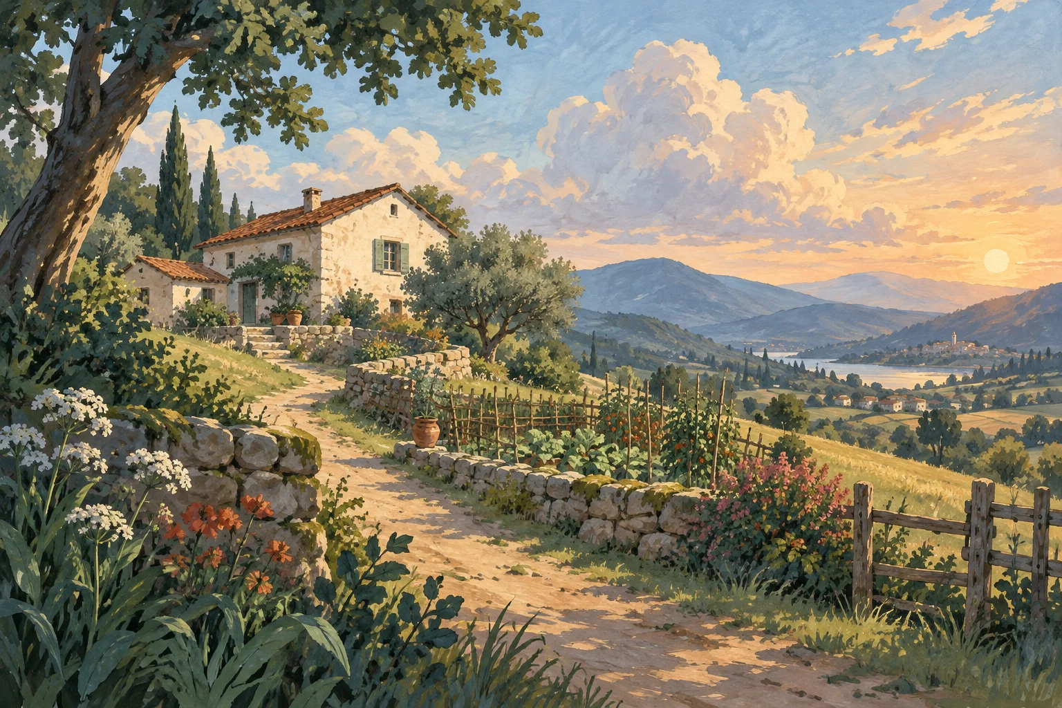 Paysage rural peint dans une palette de crème, verts sourds, terre cuite et bleu-gris