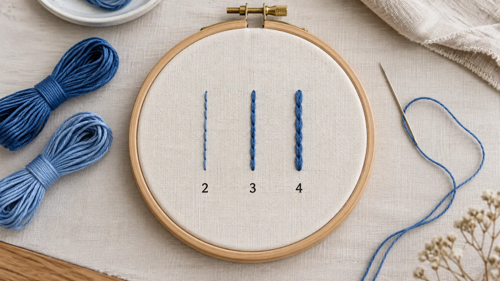 Test de broderie sur tissu avec lignes réalisées à deux, trois et quatre brins
