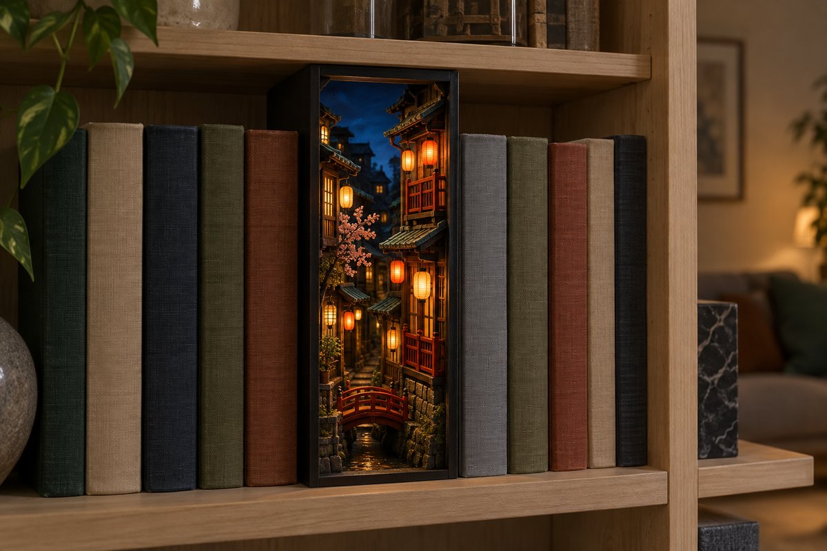 Book nook fait main allumé entre des livres, ruelle japonaise à lanternes rouges