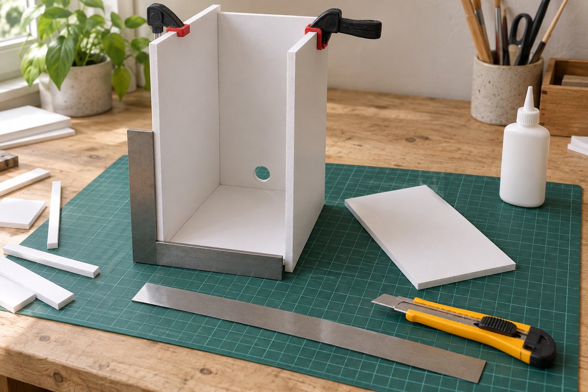 Boîte en carton plume collée à l'équerre sur un tapis de découpe
