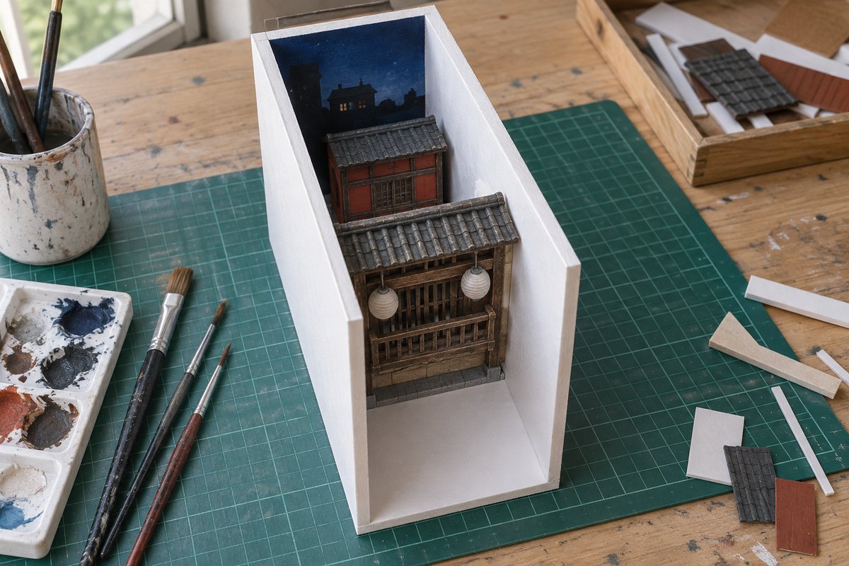 Décor miniature sur trois plans dans une boîte en carton plume ouverte