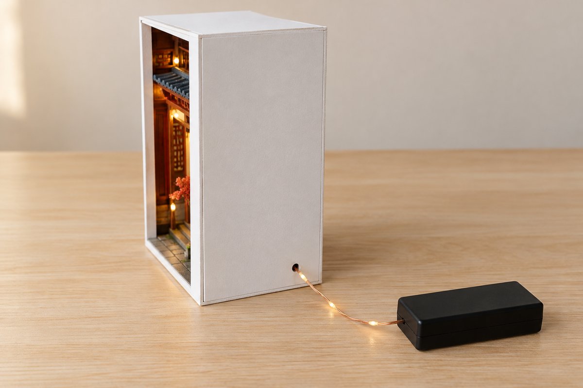 Fil de guirlande micro-LED sortant au dos d'un book nook vers un boîtier